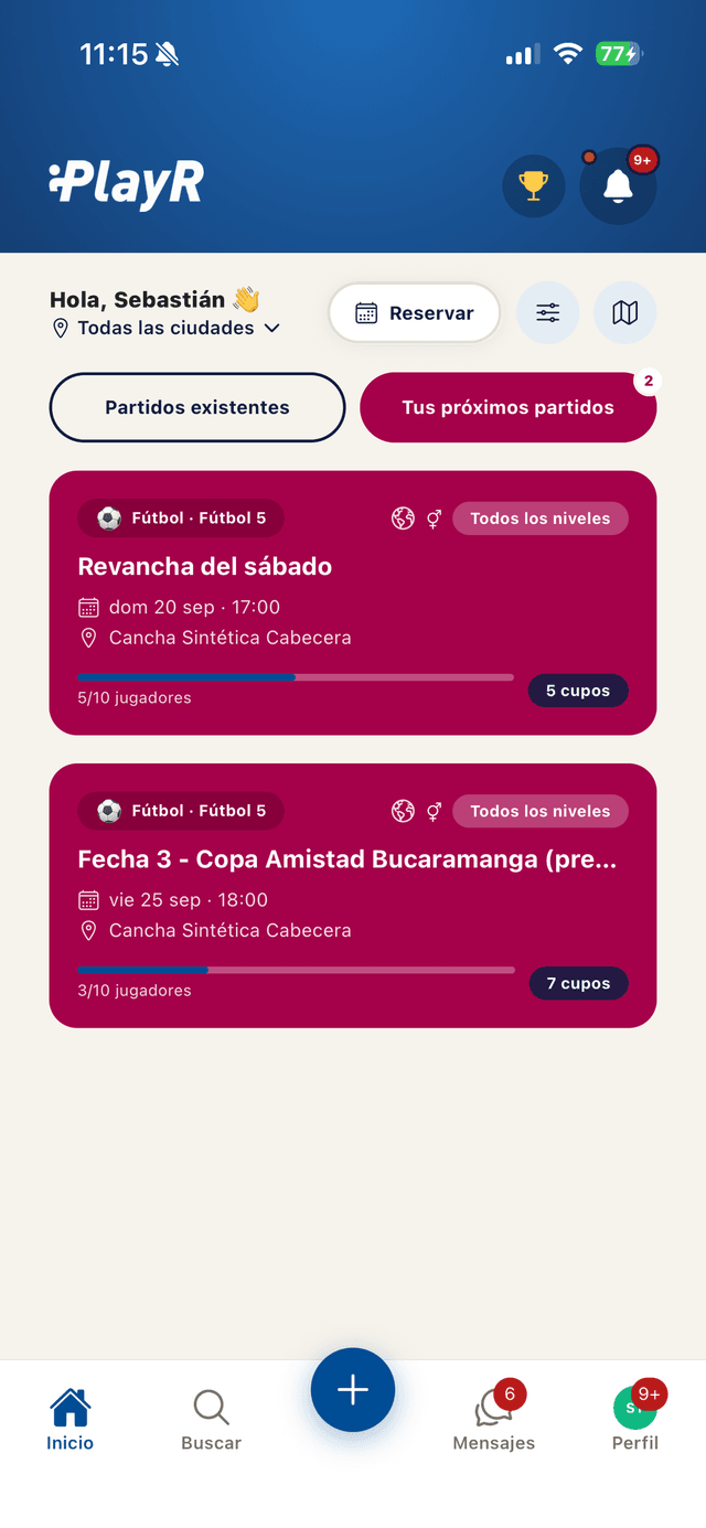 Feed de partidos disponibles en PlayR